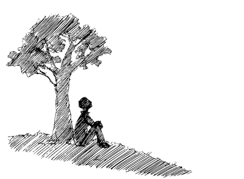 Sketch of a person reading under a tree